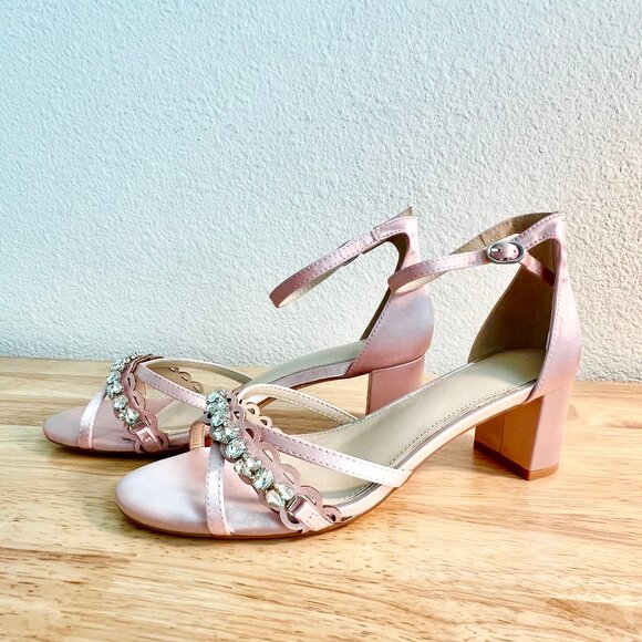Women's 8.5 US Ballet Pink Satin Rhinestone Embellished Formal Sandal Heels - Picture 5 of 10